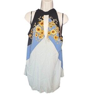 Free People Beat of My Heart Blue Floral Tunic Halter Neck Blouse Size Small